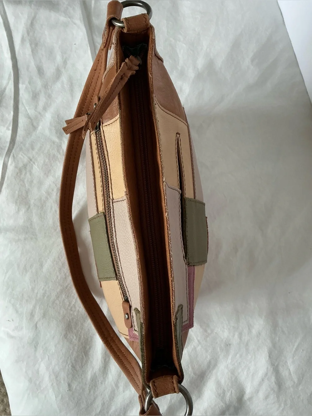 The Sak Leather Suede Patchwork Shoulder Bag -Tan, Beige, Olive & Pink